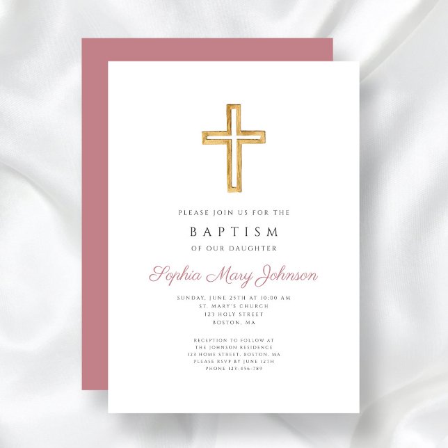 Elegant Rosa Religiösa Kor Girl Baptism Inbjudningar (Religious Cross Dusty Rose Pink Girl Baptism Invitation)
