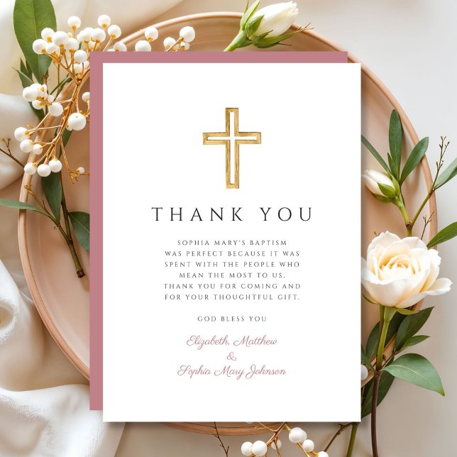Elegant Rosa Religiösa Kor Girl Baptism Tack Kort (Elegant Pink Religious Cross Girl Baptism Thank You Card)