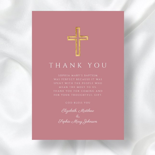 Elegant Rosa Religiösa Kor Girl Baptism Tack Kort (Modern Dusty Blue Cross Girl Baptism Thank You Card)