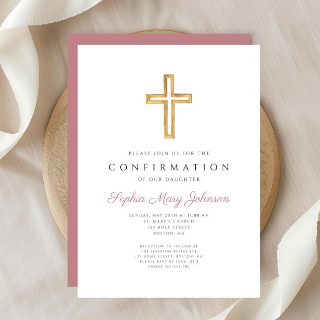 Elegant Rosa Religiösa Kor Girl-bekräftelse för -f Inbjudningar (Elegant Pink Religious Cross Girl Confirmation Invitation)
