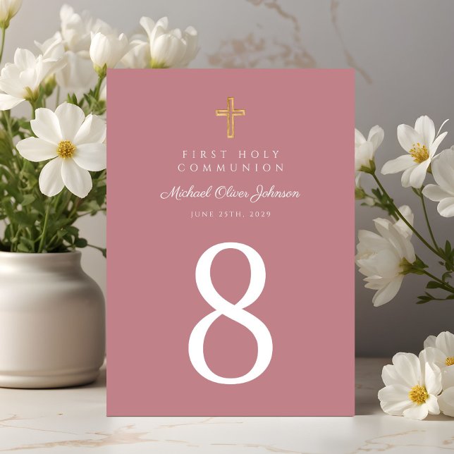Elegant Rosa Religiösa Kor Girl First Communion Bordsnummer (Elegant Pink Religious Cross Girl First Communion Table Number)