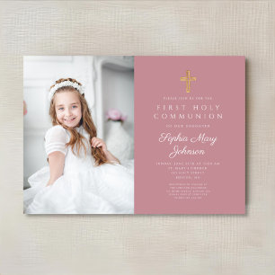 Elegant rosa religiöst flickfoto första nattvarden inbjudningar