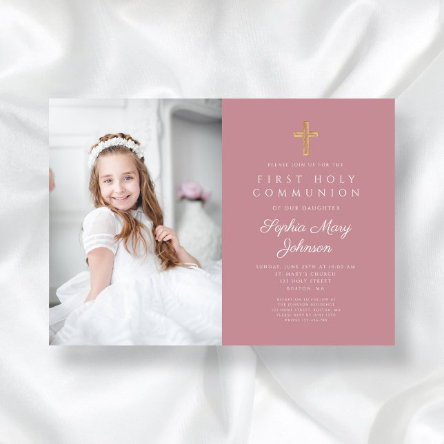 Elegant rosa religiöst flickfoto första nattvarden inbjudningar (Pink Religious Cross Girl First Communion Photo Invitation)