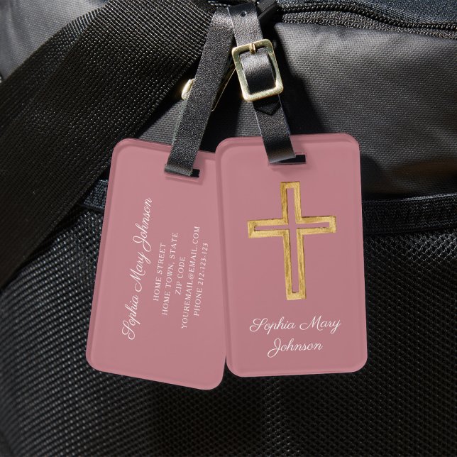 Elegant rosa religiöst kors bagagebricka (Elegant Religious Cross Dusty Pink Script Luggage Tag)