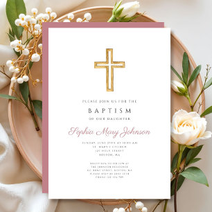 Elegant rosa religiöst kors flicka dop inbjudningar