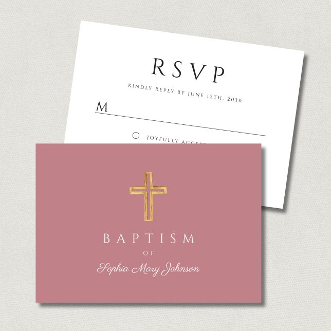 Elegant rosa religiöst kors flicka dop  OSA kort (Elegant Pink Religious Cross Girl Baptism RSVP Card)