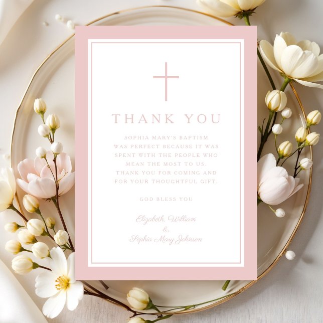 Elegant rosa religiöst kors flicka dop tack kort (Elegant Pink Religious Cross Girl Baptism Thank You Card)
