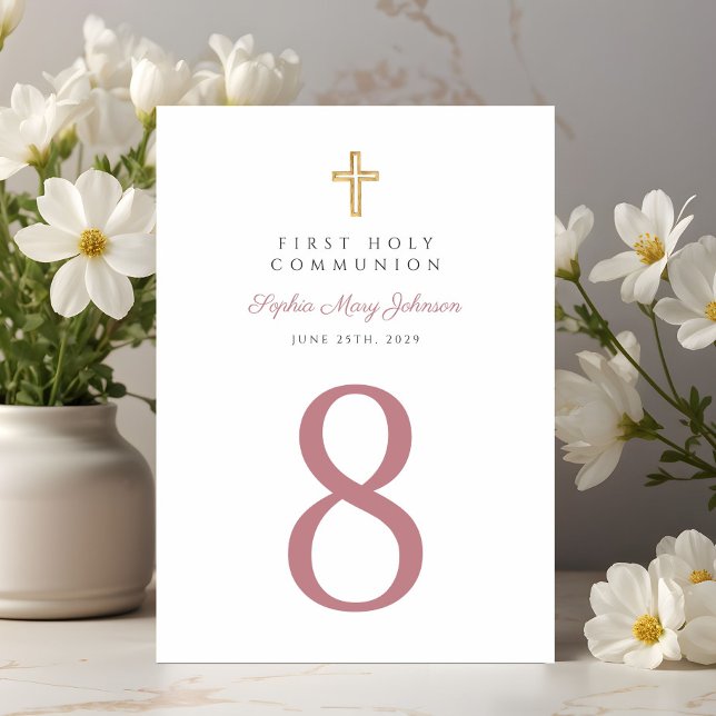 Elegant rosa religiöst kors flicka första kommunio bordsnummer (Elegant Pink Religious Cross Girl First Communion Table Number)