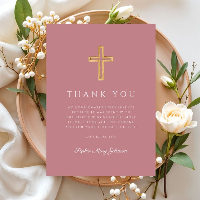 Elegant Rosa Religiöst Kors Flickbekräftelse Tack Kort (Elegant Pink Religious Cross Girl Confirmation Thank You Card)