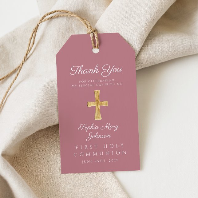 Elegant rosa religiöst kors första kommunion  presentetikett (Elegant Pink Religious Cross First Communion Gift Tags)