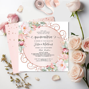 Elegant Rosa, Ro Guld, Blommigten Quinceanera Inbjudningar