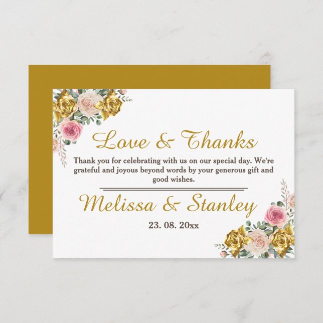 Elegant Rosa, Ro Guld Eucalyptus Blommigt Bröllop Tack Kort (Fram/baksida)