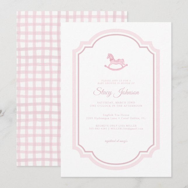 Elegant Rosa Rocking Horse Baby Shower Inbjudan (Fram/baksida)