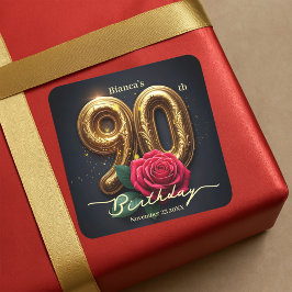 Elegant Rosa Röd Ros Ornament Guld 90-årsdag Fyrkantigt Klistermärke