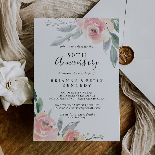 Elegant Rosa Rodnad Blommig 50-års Bröllopsjubileu Inbjudningar (Skapare uppladdad)