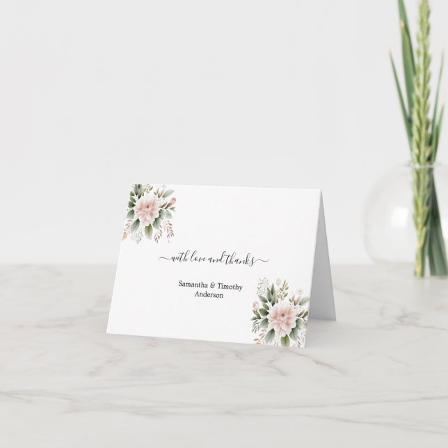 Elegant Rosa Rodnad Blommig Grönska Bröllop  Tack Kort (Framsida)
