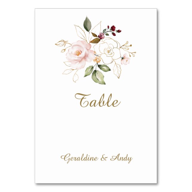 Elegant Rosa Rodnad Guld Blommor Bröllop Bordsnummer (Framsidan)