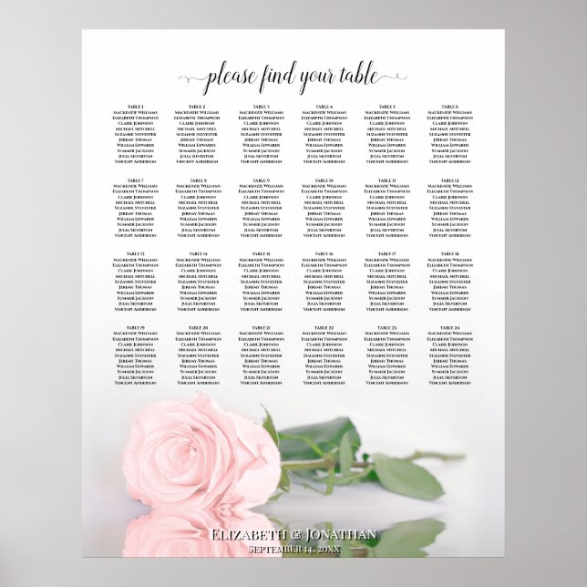 Elegant Rosa Ros 24 Bord Bröllops Placeringsplan Poster (Framsidan)