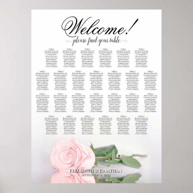 Elegant Rosa Ros 26 Bord Bröllopsplatskarta Poster (Framsidan)