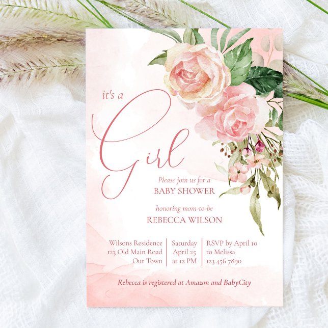 Elegant  rosa ros är en flickdusch. inbjudningar (Skapare uppladdad)