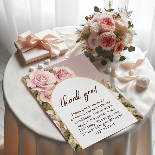 Elegant Rosa ros Baby Shower Tack Kort (Elegant Pink Rose Baby Shower Thank You Card)