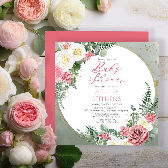 Elegant Rosa ros | Barnstödsprogram för barn i Gul Inbjudningar (Elegant Pink Rose and Gold Tone Frame Girl Baby Shower Invitation - Print | Digital Download)