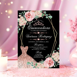 Elegant Rosa ros Black Quinceañera Quince Tiara Inbjudningar