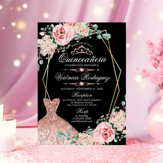 Elegant Rosa ros Black Quinceañera Quince Tiara Inbjudningar (Elegant Pink Rose Black Quinceañera Quince Tiara Invitation)