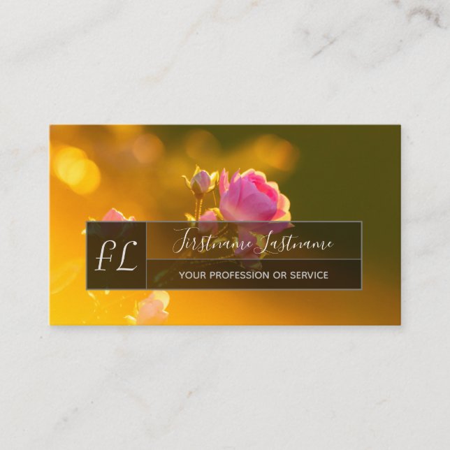 Elegant rosa ros blommar grått-rektangel monogram visitkort (Framsida)
