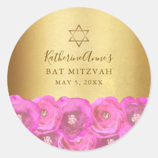 Elegant Rosa Ros Blommig Guld Bat Mitzvah Runt Klistermärke