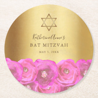 Elegant Rosa Ros Blommig Guld Bat Mitzvah Underlägg Papper Rund