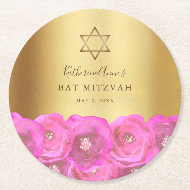 Elegant Rosa Ros Blommig Guld Bat Mitzvah Underlägg Papper Rund (Framsidan)