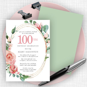Elegant Rosa ros Blommigt 100:e Födelsedagsfesten Inbjudningar