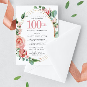 Elegant Rosa ros Blommigt 100:e Födelsedagsfesten Inbjudningar