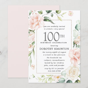 Elegant Rosa ros Blommigt 100:e Födelsedagsfesten Inbjudningar