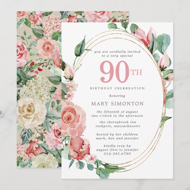 Elegant Rosa ros Blommigt 90:e Födelsedagsfest Inbjudningar (Fram/baksida)