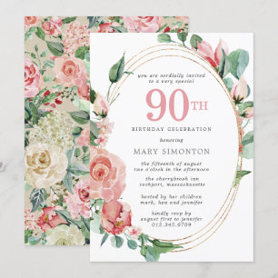 Elegant Rosa ros Blommigt 90:e Födelsedagsfest Inbjudningar