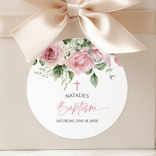 Elegant Rosa ros Blommigt Baptism Runt Klistermärke