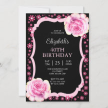 Elegant Rosa ros Blommigt Black 40:e födelsedagen