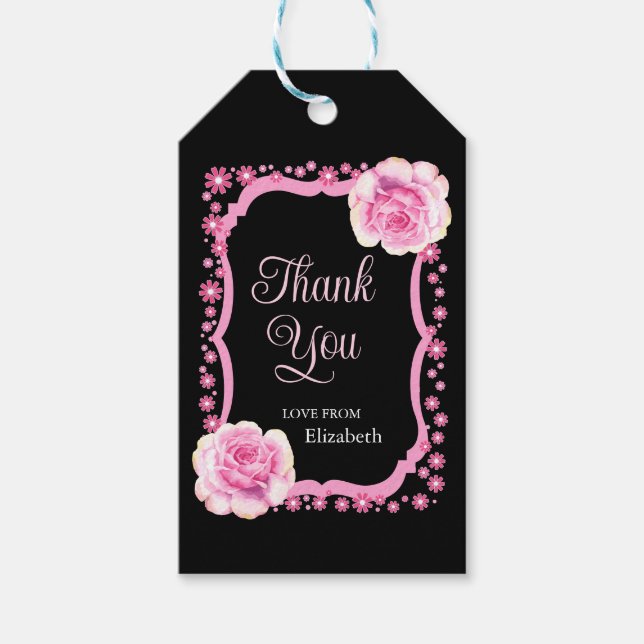 Elegant Rosa ros Blommigt Black Tack Presentetikett (Framsidan)