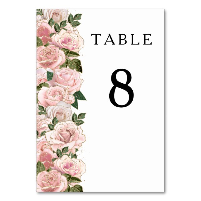 Elegant  Rosa ros Blommigt Bröllop Bord Bordsnummer (Framsidan)