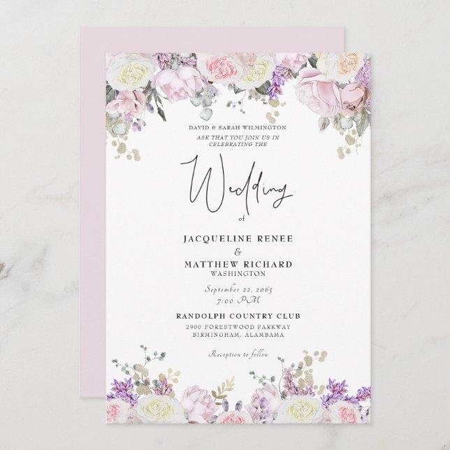 Elegant Rosa ros Blommigt Inbjudningar (Fram/baksida)