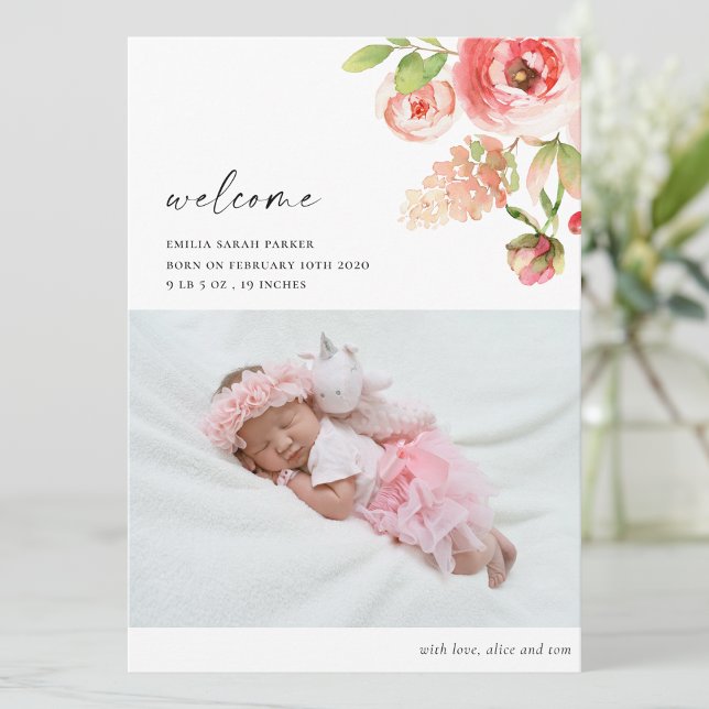 Elegant Rosa ros Blommigt Photo Baby Birth Meddelande (Skapare uppladdad)