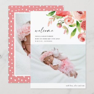 Elegant Rosa ros Blommigt Photo Baby Birth Meddelande