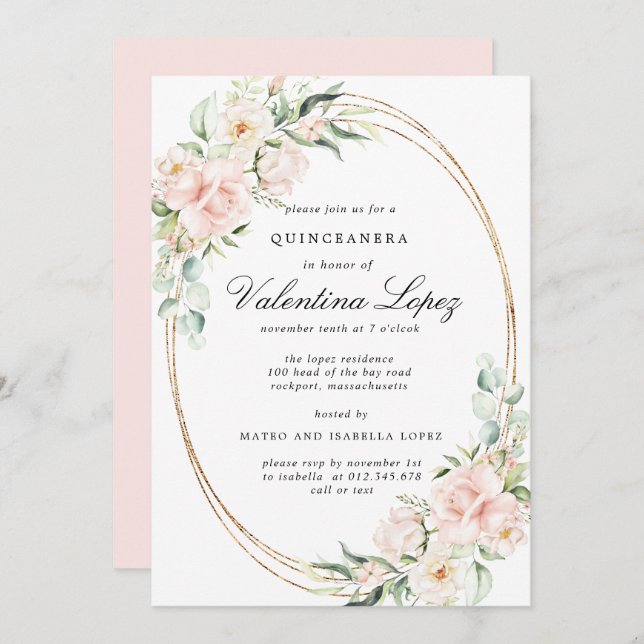 Elegant  Rosa ros Blommigt Quinceanera Inbjudningar (Fram/baksida)