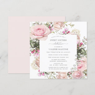 Elegant Rosa ros Blommigt Söt 16 Party Inbjudningar