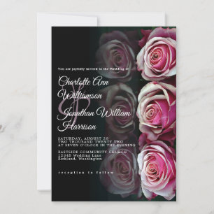 Elegant Rosa ros Blommigt Spegelvänd svart Bröllop Inbjudningar