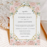 Elegant  Rosa ros Blommigten Guld Bröllop Inbjudningar<br><div class="desc">Anpassa inbjudan till elegant bröllop med din egen ordalydelse enkelt och snabbt, tryck helt enkelt på knappen Redigera med Design Verktyg för att ytterligare ordna om och formatera stil och placera texten. Den här inbjudan till chic innehåller vackert vattenfärgat mjukt ro, udd grönt och löv från guld och en vintage...</div>