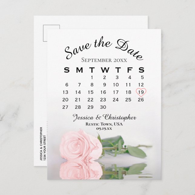 Elegant Rosa ros Bröllop Kalender Spara datum Meddelande Vykort (Fram/baksida)