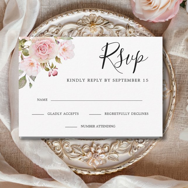Elegant Rosa ros Bröllop OSA Kort (Elegant Pink Roses Custom Wedding RSVP Card with Envelope)